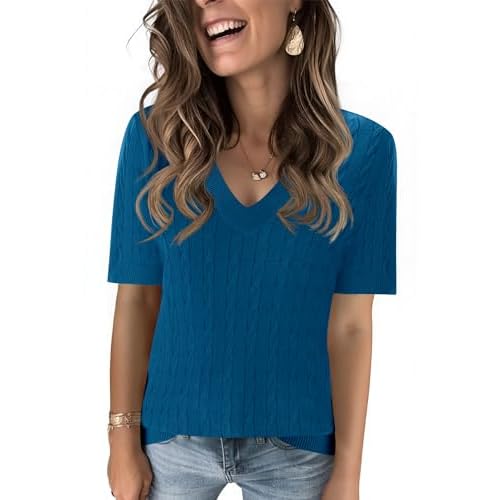 Kistore Womens Short Sleeve Sweaters V Neck Cable Knit Pullover Tops Summer Lightweight Sweater Shirts Blouses 2026