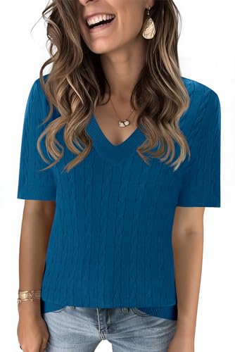 Kistore Womens Summer Short Sleeve Sweaters Tops V Neck Cable Knit Lightweight Sweater Shirts Blouses 2025