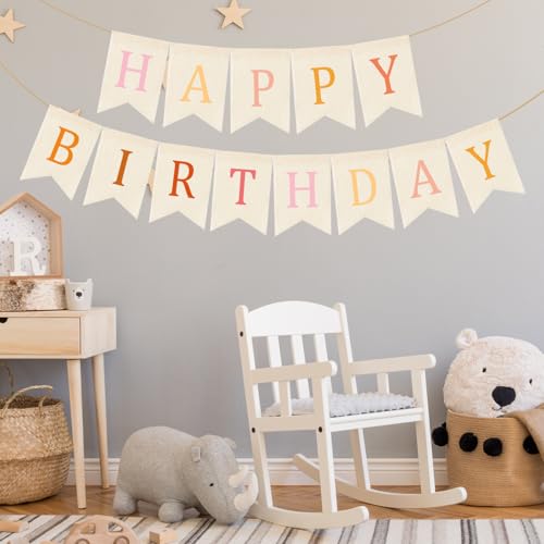 Image of Doumeny Happy Birthday Burlap Banner Boho Birthday Bunting Garland Pink Bohemian Sign Flag White Birthday Hanging Banner Pastel Rainbow Party Decor for Home Mantel Fireplace Nursery Party Backdrop