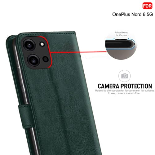 Image of TheGiftKart Genuine Leather Finish Flip Back Cover Case for OnePlus Nord 6 5G / CE 6 5G | Inbuilt Pockets & Stand | Wallet Style | Designer Button Magnet Flip Back Cover Case (Faux Leather, Green)