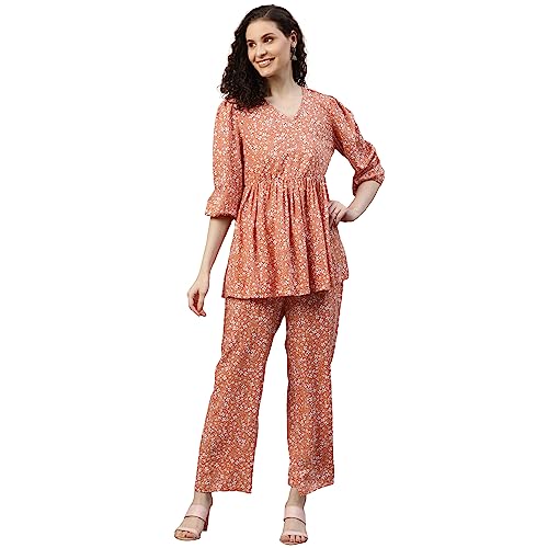 Image of DEEBACO Women's Floral Rayon Flared Tunic & Straight Pants Co-Ord Set for Women V-Neck & 3 /4 Puff Sleeve Ladies Party Casual Wear Fashionable for Girls Relaxed Fit Cord Set (Orange)