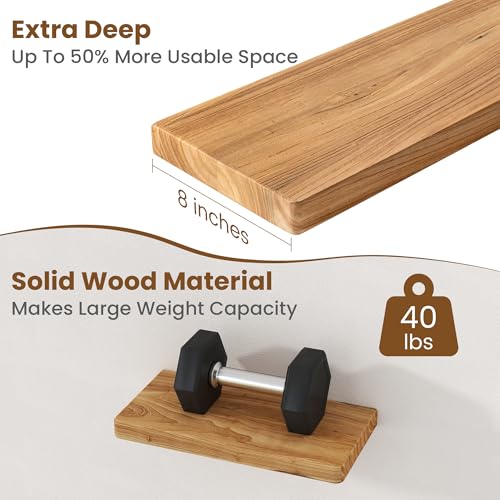 Image of Floating Shelves for Wall, 18 inchWx8 inchD Rustic Solid Elm Wood Floating Shelves Wall Mounted, Round Edge Wall Shelves with Invisible Bracket for Living Room Bathroom Bedroom Kitchen, Set of 2, Natural