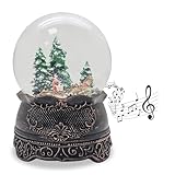 Schneekugel Weihnachten mit Musik | Weihnachtsbaum Holen | Schlittenfahrt Winterwald | Sockel Kupfer antik | H: 14cm B: 10 cm | Schüttelkugel Weihnachten Winter mit Spieluhr | 20325