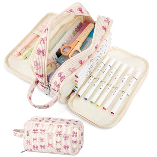 YILANCOL Cute Corduroy Pencil Case with Handle Extra Large 4 Compartment Multiple Pockets Aesthetic Pencil Pouch Organizer for Teen Girls School & College Supplies (Bow)