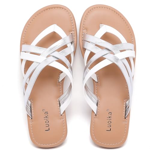 Image of Luoika Women's Wide Width Flat Sandals, Flip Flop Slides Sandal Casual Strapy Sandal Slip on Summer Beach Shoes for Women.