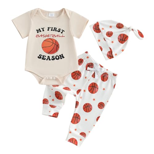 Image of Newborn Baby Boy Basketball Outfit My First Basketball Season Short Sleeve Romper Pants Set Hat Infant Summer Clothes