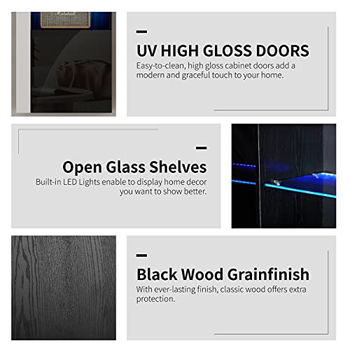 Amerlife AMERLIFE-27A Wall Storage Cabinets With Led Lights, Modern High Gloss Hanging Cabinets With 4 Closed Doors & Open Glass Shelves, For Living Room/Bedroom/Office, Black thumb #4