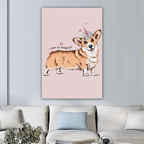 Framed Canvas Wall Art Welsh Corgi Dog With A Pink Unicorn Horn And Chamomile Flowers Oil Painting Artwork Picture Posters Wall Decor For Living Room Bedroom Bathroom Office Home Decoration #TOP3