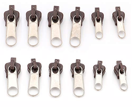 Zipper Repair Kit 12pcs,Universal Instant Repair Zipper Plastic & Stainless Steel for Clothes, Backpacks, Tents, Jackets and Luggage (Coffee)