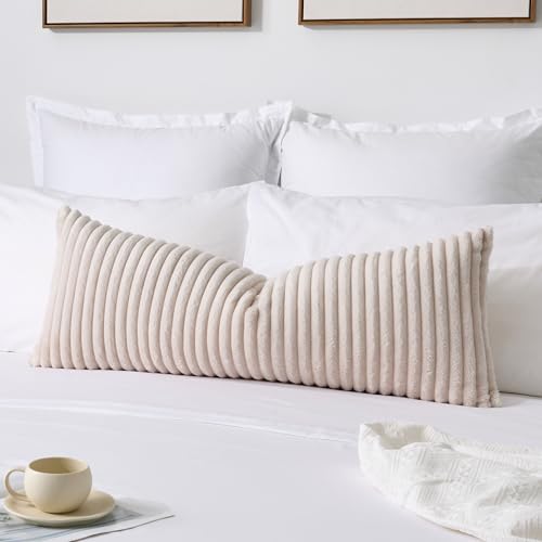Kevin Textile Soft Plush 14x36 Inch Long Lumbar Pillow Cover 1 Pack, Luxury Fluffy Faux Fur Striped Flannel Rectangle Body Cushion Case for Couch Sofa Chair Bed Home Decor, Beige