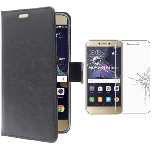 ebestStar - Cover Compatibile con Huawei P8 Lite (2017) Custodia Portafoglio Pelle PU Protezione Libro Flip, Nero + Pellicola Vetro Temperato [Apparecchio: 147.2 x 72.9 x 7.6mm, 5.2'']