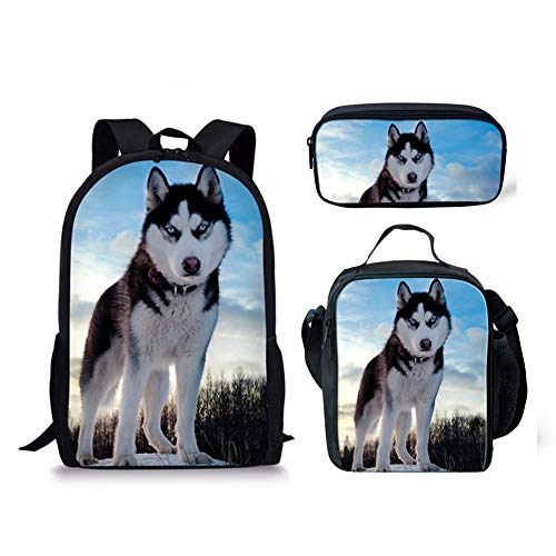 Set di 3 zaini per la scuola con stampa di pallacanestro per bambini zaino casual borsa per il pranzo astuccio per matite Cielo Husky Taglia unica Zaini Daypack