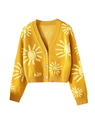 Girl's Button Down Long Sleeve Cardigan Sweater Cute Sun Print V Neck Knit Outerwear