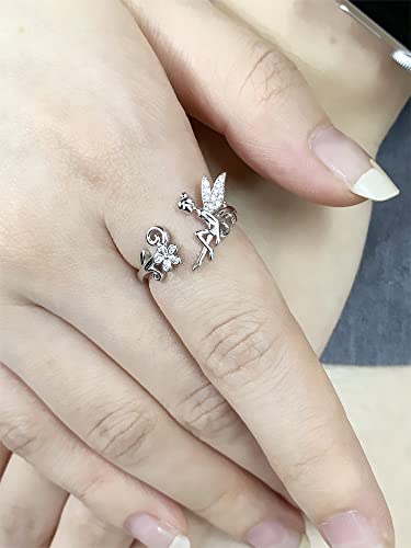 CZ Flower Fairy 925 Sterling Silver Ring for Women Girls Cute Yellow Clear Crystal Angel Wing Statement Adjustable Open Wrap Finger Rings Comfort Fit Dainty Birthday Christmas Wedding Jewelry Gift3