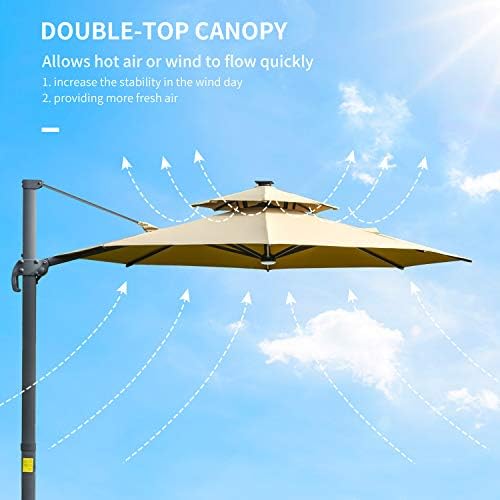 Outsunny 3(m) Cantilever Roma Parasol with LED Solar Lights, Crank & Tilt, Aluminium Frame, Cross Base and Adjustable Canopy 360° Rotating Sun Umbrella with 2-Tier Shade