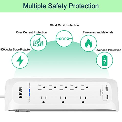 Surge Protector Power Strip with USB, Mountable Power Strip with 2 USB Ports and 8 Outlets, 6 FT Long Extension Cord, 1875W/ 15A, 900 Joules, Circuit Breaker Safeguard Home& Office Accessories- White - Thumbnail 5