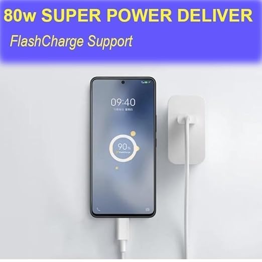 Image of Vivo Original 80W Flash Charger with USB to Type C Cable Compatible with Vivo V70FE, V70 Elite, V70, V60e, V50, V40e, Y05, 31 Pro, Y51, Y11, Y21, X200, X300 Pro, T5X, T4 Pro, T3, Y29, Y300, V29, V29e