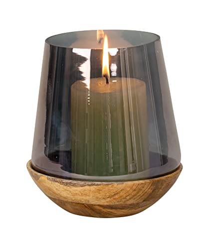 Photophore moderne en verre et bois noir/marron Hauteur 20 cm