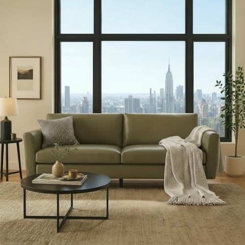 Image of Kingfun 80 inch Faux Leather Sofa Couch, Mid Century Modern Leather Couch with Rolled Arms and Deep Seats, Brown Leather Sofa for Living Room, 3-Seater Couch for Apartment, Office and Bedroom, Olive Green