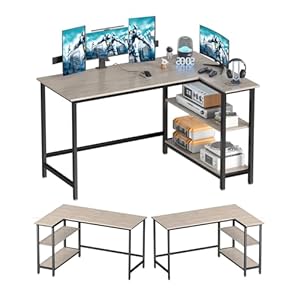 WOODYNLUX L Shaped Computer Desk – 43 Inch Home Office Desk with Shelf, Gaming Desk Corner Table for Work, Writing and Study, Space-Saving, Gray