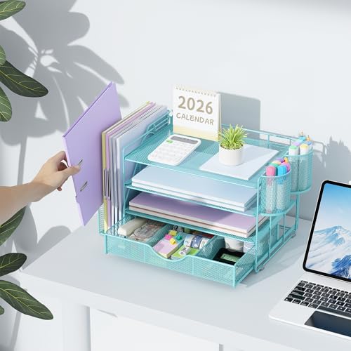 Image of gianotter Desk Organizers and Accessories with File Holder, 4-Tier Desk Accessories & Workspace Organizers with Drawer and 2 Pen Holder, Paper Organizer for Office Supplies (Blue)