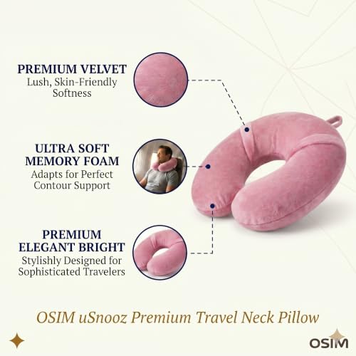 Image of Osim uSnooz Premium Memory Foam Travel Neck Pillow | Ergonomic U-Shape Cervical Support | Airplane, Car & Office Rest Cushion | Washable Soft Cover | Neck Pain Relief | Portable & Lightweight (Pink)