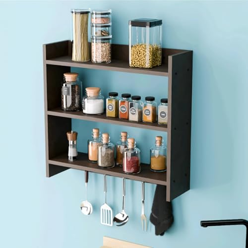 Image of Shoper cart Modern Kitchen Wall Shelf with Hooks, 3-Tier White and Beech Wood Storage Rack, 55 x 50 cm, Utensil Organizer with Spice Jar Display (Brown)