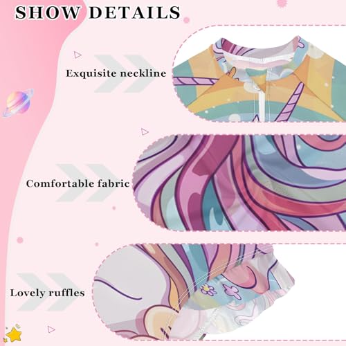 Unicorn and Flowers Clouds Girls Long Sleeve Swimsuit Rash Guard One Piece Bathing Suits Zipper 3-12T4