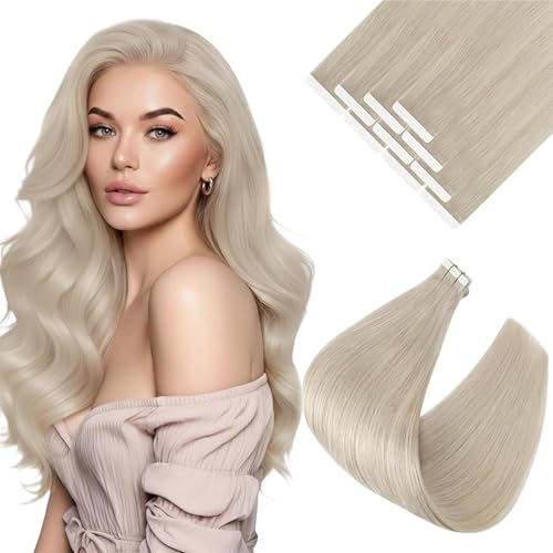 Image of Ve Sunny Hair Tape in Extensions Remy Human Hair Platinum Blonde 20Inch | Remy Human Hair Tape ins,Dimensional Color,20Inch 25g 10Pcs,Adhesive Skin Weft,for Wedding or Party