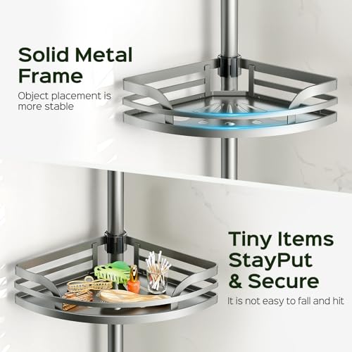 Image of HAMITOR Shower Caddy Tension Pole：4-Tier Rustproof Bathroom Corner Shelf for Renters - 47-121inches Adjustable Bathtub Organizer with Soap Holder-large capacity rack for Shampoo Storage Home