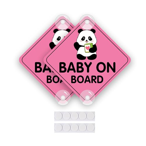 Image of 2PCS Panda Baby On Board Sticker for Cars, Cute Kids in Car Suction Cup Sign for Car Window Bumper Truck Auto Warning Decals (Suction Cup,Pink)