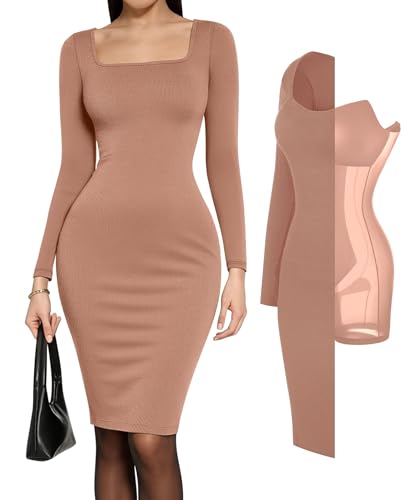 Image of Popilush Long Sleeve Midi Dresses for Women, Built-in Bra Shapewear Dress | Bodycon, Tummy Control, Square Neck, Cocktail Party and Dinners