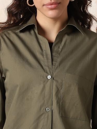 Image of HIGH Star Oversized Solid Cotton Shirt for Women | Stylish Tops for Women | Comfortable and Trendy Casual Shirt