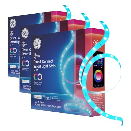 Image of GE Cync Smart LED Strip Light,Color Changing Room Decor LED Light Strip,Works with Alexa and Google Home,Matter Compatible,LED-Lights for Bedroom,Millions of Colors and White Tones,16 Feet,(Pack of 3)
