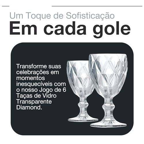 Jogo de 6 Taças de Vidro Transparente 340ml Diamond - Conjunto Elegante para Água, Vinhos e Coquetéi