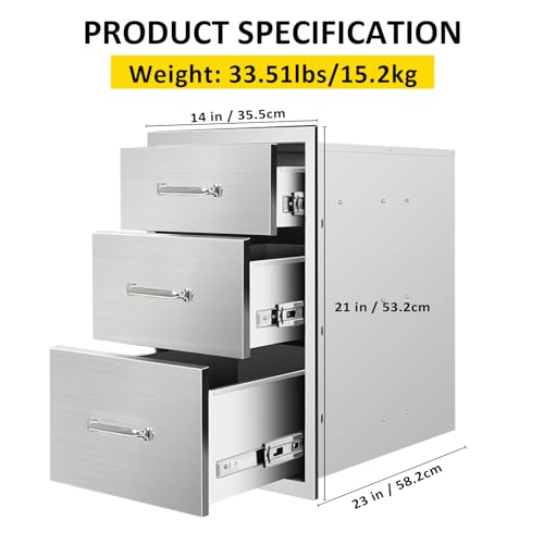 Image of Outdoor Kitchen Drawers 14 inch W x 21 inch H x 23 inch D Flush Mount Triple BBQ Drawers with Chrome Handle Stainless Steel Drawer for Outdoor Kitchen Island, Patio Grill Station
