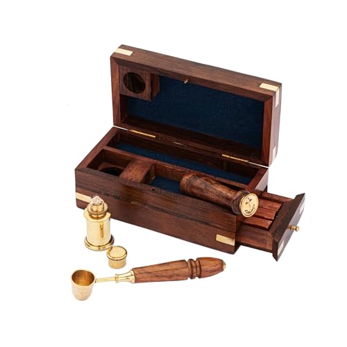 NKlaus Siegel-Set in eleganter Holzbox, Messing/Holz, 14x6,5x6cm – Maritime Dekoration, Siegel Stempel 15954