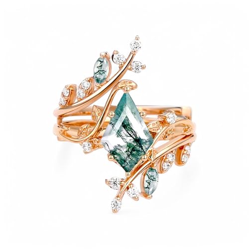 Kite Cut Natural Green Moss Agate Engagement Ring with Moissanite Accents, Art Deco 14K Rose Gold Bridal Set, Nature Leaf Design Wedding Band & Ring – 2-Piece Handmade Jewelry Gift for Her