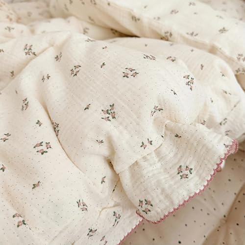 Image of BuLuTu Chic Shabby Vintage Floral Duvet Cover Twin for Kids Girls Boys 100% Cotton Muslin Ruffled Quilt Cover Twin, 68 inchx86 inch, Primrose Print, Soft Breathable, Zipper Closure, No Pillowcase
