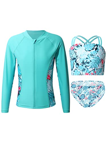 Linjinx Kids Girls 3 Piece Long Sleeve Rash Guard Sets Floral Bikini with UPF 50+ Zip Rushguard Shirt Swimwear Bathing Suit