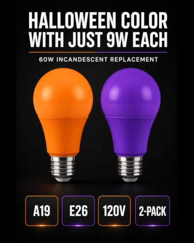 Image of L LOHAS LED Purple and Orange Light Bulbs for Halloween, A19 LED, E26 Base