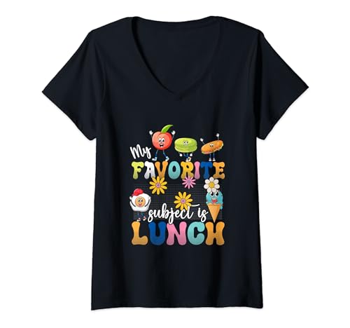 Mujer Mi tema favorito es Lunch Lady Cafetería Crew Retro 80s Camiseta Cuello V