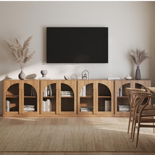 BELLEZE Bijou Set of 4 Wall-to-Wall Storage Cabinets (126" Wide) - Grand Sideboard Buffet System w/8 Arched Glass Doors - Massive Entertainment Center & Display Console for Living Room, Office, Camel