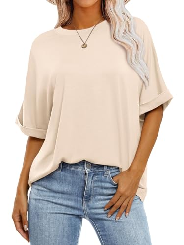 Cuptacc Tshirt Damen Oversize Shirt Damen Oberteile Sommer Rundhals Basic Tank Tops Kurzarm Tunika Elegant Beige Groß L 42-44