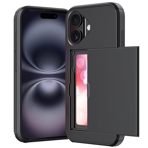 ACOCOBUY for iPhone 16 Case with Card Holder Sliding Cover Hidden Pocket IDs Credit Cards Slot Heavy Duty Shockproof Protective Dual Layer Wallet Phone Cover Back Shell for Men Women 6.1 inch Black