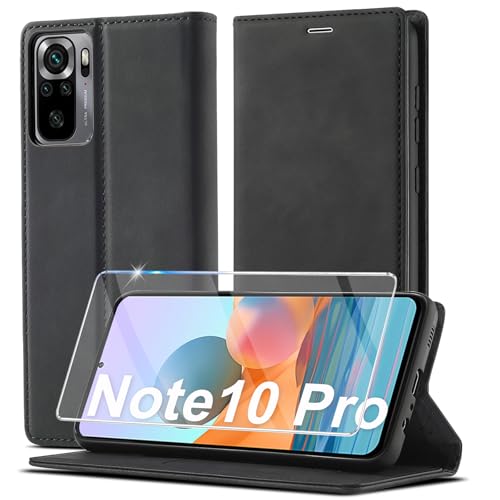 Ailicici für Xiaomi Redmi Note 10 Pro/ 10 Pro Max Hülle Leder Mit Schutzfolie Handyhülle für Xiaomi Redmi Note 10 Pro Klapphülle Klappbar Leder Flip Kartenfach Wallet Case Cover Schutzhülle