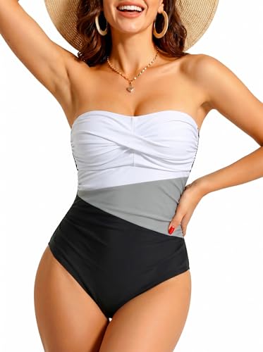 Image of Smismivo Tummy Control Swimwear Strapless One Piece Swimsuit Ruched Bathing Suits for Women Slimming Bandeau Tube Top Bikini