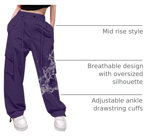Image of Cromoncent Cargo Pants Girls & Women Parachute Pants Y2K Baggy Rave Clothes Waterproof with Pockets, 6 Years - 3XL