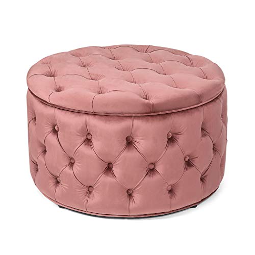 Joveco Round Storage Ottoman, Button Tufted Upholstered Ottoman with Removable Top, Storage Bench Coffee Table Footrest Stool for Living Room Bedroom Entryway (Pink)