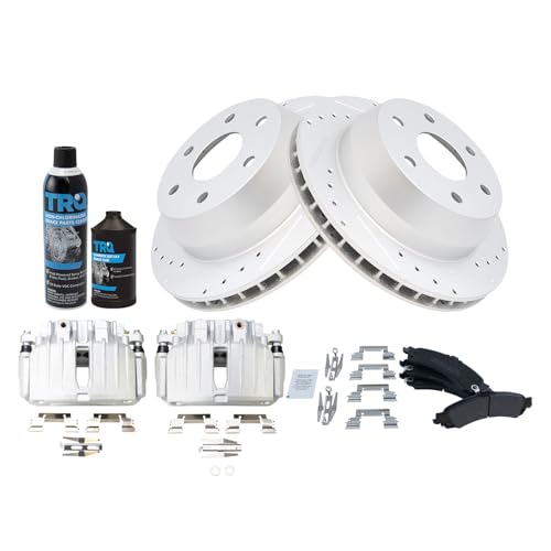 Image of TRQ Rear Performance Brake Pad & Rotor Kit Semi-Metallic Premium G-Coated Slotted X Drilled Compatible with Cadillac Chevrolet GMC